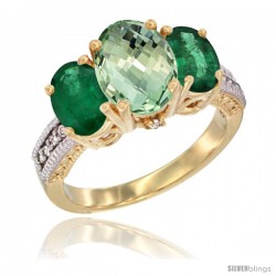 10K Yellow Gold Ladies 3-Stone Oval Natural Green Amethyst Ring with Emerald Sides Diamond Accent