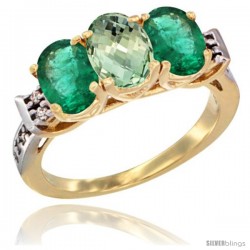 10K Yellow Gold Natural Green Amethyst & Emerald Sides Ring 3-Stone Oval 7x5 mm Diamond Accent