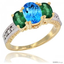 10K Yellow Gold Ladies Oval Natural Swiss Blue Topaz 3-Stone Ring with Emerald Sides Diamond Accent