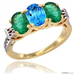 10K Yellow Gold Natural Swiss Blue Topaz & Emerald Sides Ring 3-Stone Oval 7x5 mm Diamond Accent