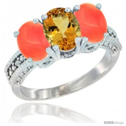 14K White Gold Natural Citrine Ring with Coral 3-Stone 7x5 mm Oval Diamond Accent