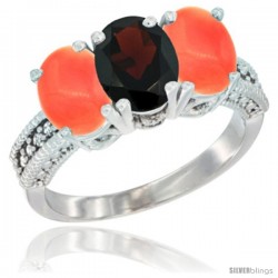 14K White Gold Natural Garnet Ring with Coral 3-Stone 7x5 mm Oval Diamond Accent