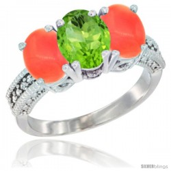 14K White Gold Natural Peridot Ring with Coral 3-Stone 7x5 mm Oval Diamond Accent