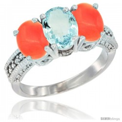 14K White Gold Natural Aquamarine Ring with Coral 3-Stone 7x5 mm Oval Diamond Accent