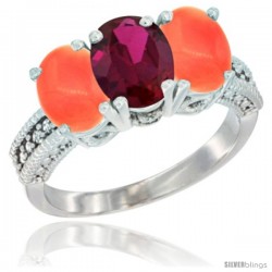 14K White Gold Natural Ruby Ring with Coral 3-Stone 7x5 mm Oval Diamond Accent