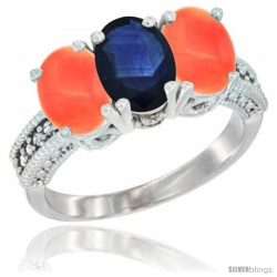 14K White Gold Natural Blue Sapphire Ring with Coral 3-Stone 7x5 mm Oval Diamond Accent