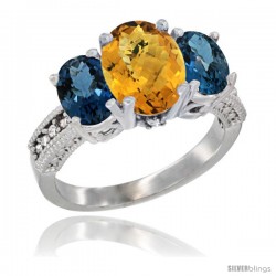 10K White Gold Ladies Natural Whisky Quartz Oval 3 Stone Ring with London Blue Topaz Sides Diamond Accent