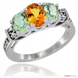 14K White Gold Natural Citrine & Green Amethyst Ring 3-Stone Oval with Diamond Accent