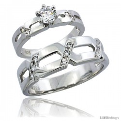 Sterling Silver Cubic Zirconia Engagement Rings Set for Him & Her 6.5mm Man's Wedding Band )