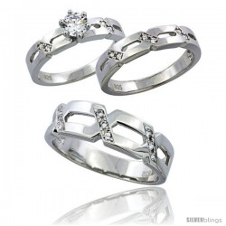 Sterling Silver Cubic Zirconia Trio Engagement Wedding Ring Set for Him & Her 6.5 mm, L 5 - 10 & M 8 - 14