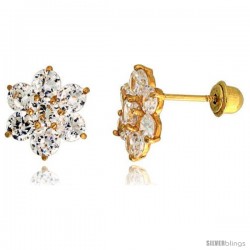 14k Yellow Gold 5/16" (9mm) tall Flower Stud Earrings, w/ Brilliant Cut CZ Stones