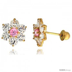 14k Yellow Gold 5/16" (9mm) tall Flower Stud Earrings, w/ Brilliant Cut Clear & Pink Tourmaline-colored CZ Stones