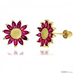 14k Yellow Gold 3/8" (10mm) tall Sunflower Stud Earrings, w/ Marquise Cut Ruby-colored CZ Stones