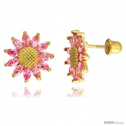 14k Yellow Gold 3/8" (10mm) tall Sunflower Stud Earrings, w/ Marquise Cut Pink Tourmaline-colored CZ Stones