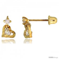 14k Yellow Gold 5/16" (8mm) tall Tiny Heart Stud Earrings, w/ Brilliant Cut CZ Stones