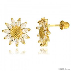 14k Yellow Gold 3/8" (10mm) tall Sunflower Stud Earrings, w/ Marquise Cut CZ Stones