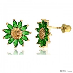 14k Yellow Gold 3/8" (10mm) tall Sunflower Stud Earrings, w/ Marquise Cut Emerald-colored CZ Stones