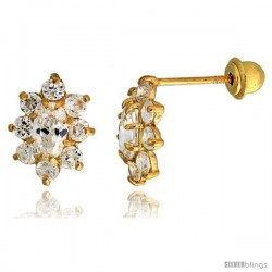 14k Yellow Gold 3/8" (10mm) tall Flower Stud Earrings, w/ Oval & Brilliant Cut CZ Stones