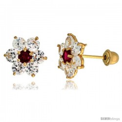 14k Yellow Gold 5/16" (9mm) tall Flower Stud Earrings, w/ Brilliant Cut Clear & Ruby-colored CZ Stones