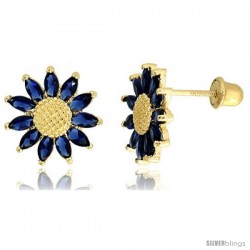 14k Yellow Gold 3/8" (10mm) tall Sunflower Stud Earrings, w/ Marquise Cut Blue Sapphire-colored CZ Stones