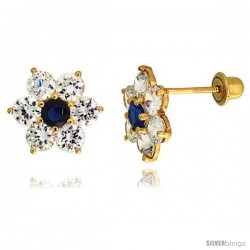 14k Yellow Gold 5/16" (9mm) tall Flower Stud Earrings, w/ Brilliant Cut Clear & Blue Sapphire-colored CZ Stones