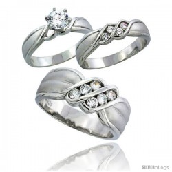 Sterling Silver Cubic Zirconia Trio Engagement Wedding Ring Set for Him & Her 8 mm Channel Set, L 5 - 10 & M 8 - 14