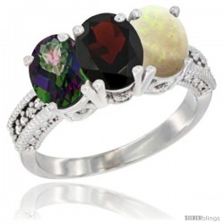 14K White Gold Natural Mystic Topaz, Garnet & Opal Ring 3-Stone 7x5 mm Oval Diamond Accent