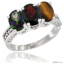 14K White Gold Natural Mystic Topaz, Garnet & Tiger Eye Ring 3-Stone 7x5 mm Oval Diamond Accent