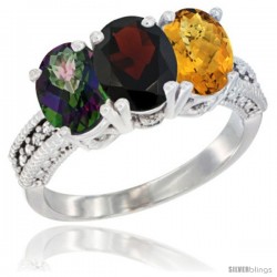 14K White Gold Natural Mystic Topaz, Garnet & Whisky Quartz Ring 3-Stone 7x5 mm Oval Diamond Accent