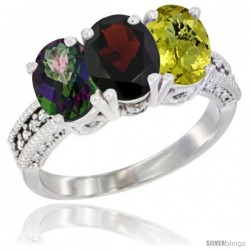 14K White Gold Natural Mystic Topaz, Garnet & Lemon Quartz Ring 3-Stone 7x5 mm Oval Diamond Accent