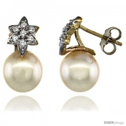 14k Gold Flower Pearl Earrings w/ 0.14 Carat Brilliant Cut ( H-I Color VS2-SI1 Clarity ) Diamonds & 8mm White Pearls