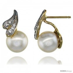 14k Gold Ribbon Lace Pearl Earrings w/ 0.06 Carat Brilliant Cut ( H-I Color VS2-SI1 Clarity ) Diamonds & 7mm White Pearls