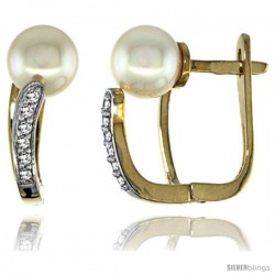 14k Gold Pearl Earrings w/ 0.13 Carat Brilliant Cut ( H-I Color VS2-SI1 Clarity ) Diamonds & 7mm White Pearls