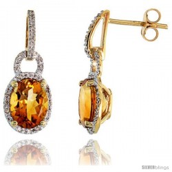 14k Gold Stone Earrings, w/ 0.12 Carat Brilliant Cut Diamonds & 4.81 Carats 9x7mm Oval Cut Citrine Stone, 7/8" (22mm) tall