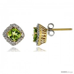 14k Gold Stud Stone Earrings, w/ 0.30 Carat Brilliant Cut Diamonds & 1.30 Carats 5mm Cushion Cut Peridot Stone, 5/16" (8mm)