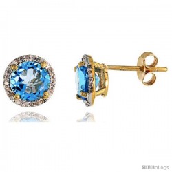 14k Gold Stud Stone Earrings, w/ 0.12 Carat Brilliant Cut Diamonds & 2.95 Carats 7mm Blue Topaz Stone, 3/8" (9mm)