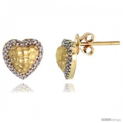 14k Gold Hammered Finish Heart Diamond Earrings, w/ 0.16 Carat Brilliant Cut Diamonds, 3/8" (9mm) tall