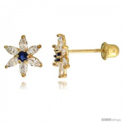 14k Yellow Gold 5/16" (8mm) tall Flower Stud Earrings, w/ Marquise Cut Clear & Brilliant Cut Blue Sapphire-colored CZ Stones