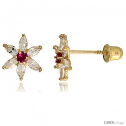 14k Yellow Gold 5/16" (8mm) tall Flower Stud Earrings, w/ Marquise Cut Clear & Brilliant Cut Ruby-colored CZ Stones