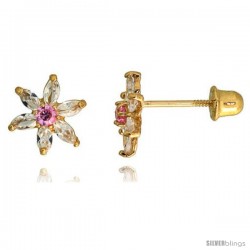 14k Yellow Gold 5/16" (8mm) tall Flower Stud Earrings, w/ Marquise Cut Clear & Brilliant Cut Pink Tourmaline-colored CZ Stones