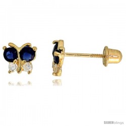 14k Yellow Gold 3/16" (5mm) tall Tiny Butterfly Stud Earrings, w/ Brilliant Cut Clear & Blue Sapphire-colored CZ Stones