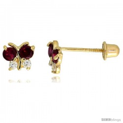 14k Yellow Gold 3/16" (5mm) tall Tiny Butterfly Stud Earrings, w/ Brilliant Cut Clear & Ruby-colored CZ Stones