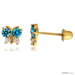 14k Yellow Gold 3/16" (5mm) tall Tiny Butterfly Stud Earrings, w/ Brilliant Cut Clear & Blue Topaz-colored CZ Stones