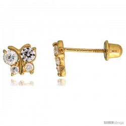 14k Yellow Gold 3/16" (5mm) tall Tiny Butterfly Stud Earrings, w/ Brilliant Cut CZ Stones