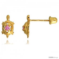 14k Yellow Gold 3/8" (9mm) tall Tiny Turtle Stud Earrings, w/ Brilliant Cut Pink Tourmaline-colored CZ Stone
