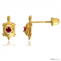 14k Yellow Gold 3/8" (9mm) tall Tiny Turtle Stud Earrings, w/ Brilliant Cut Ruby-colored CZ Stone