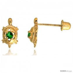 14k Yellow Gold 3/8" (9mm) tall Tiny Turtle Stud Earrings, w/ Brilliant Cut Emerald-colored CZ Stone