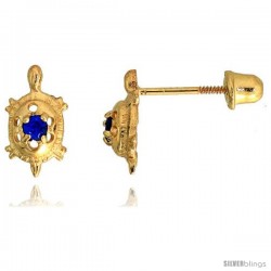 14k Yellow Gold 3/8" (9mm) tall Tiny Turtle Stud Earrings, w/ Brilliant Cut Blue Sapphire-colored CZ Stone