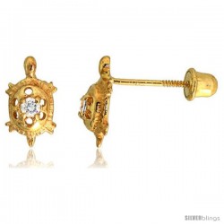 14k Yellow Gold 3/8" (9mm) tall Tiny Turtle Stud Earrings, w/ Brilliant Cut CZ Stone