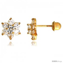 14k Yellow Gold 1/4" (7mm) tall Flower Stud Earrings, w/ Brilliant Cut CZ Stones